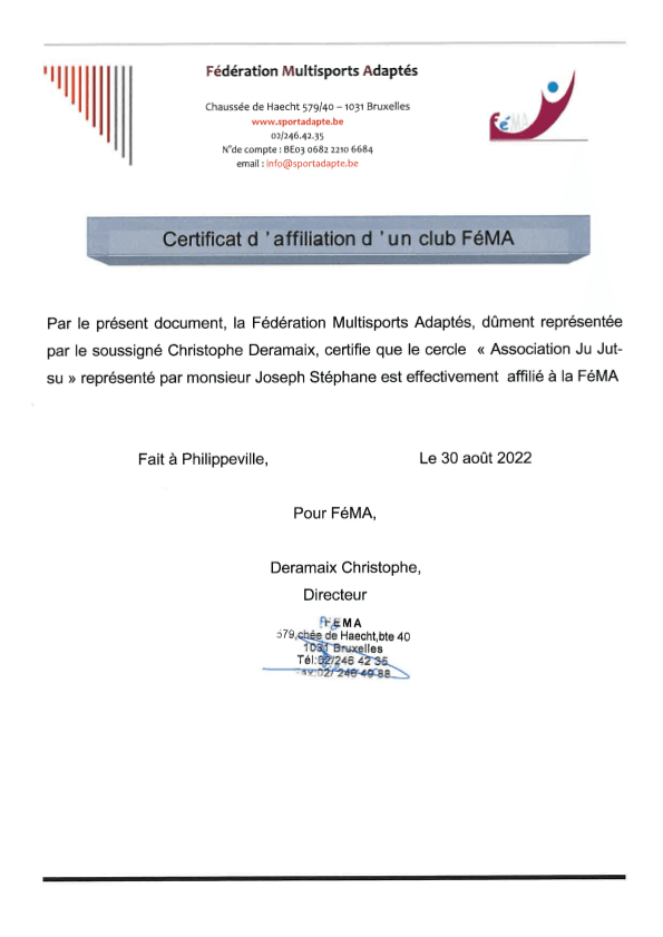 Certificat d'affiliation FEMA/Sportéa